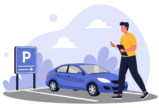 予約した駐車場へ車で向かう様子のイラスト